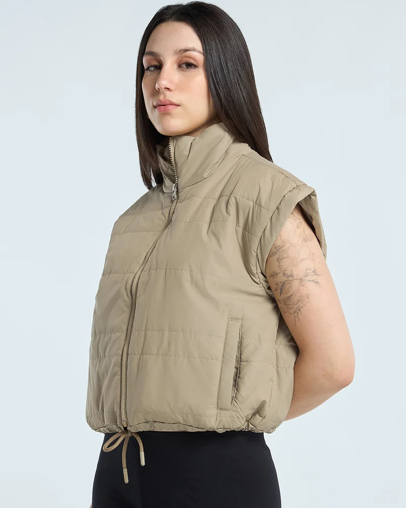 بيواكوف Women's Beige Sleeveless Oversized Puffer Jacket